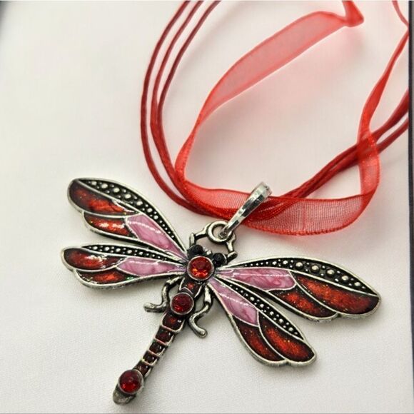Red Dragonfly Rhinestone Enamel Pendant Ribbon Cord Necklace Fairy Kawaii Whimsy - Picture 7 of 8